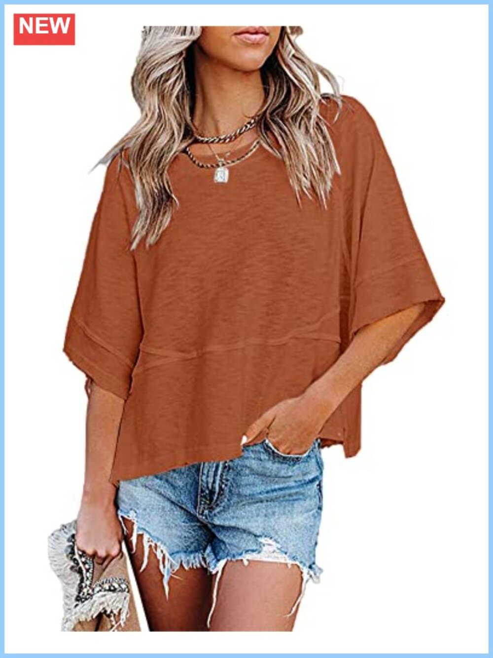 Women's Casual Loose Fit Crewneck 3/4 Sleeve T-Shirt Stretch Polyester Blend